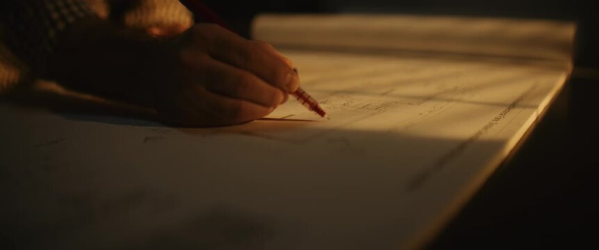 Close-up of hands reviewing architectural blueprints and construction plans under warm cinematic lighting during a building or renovation project.