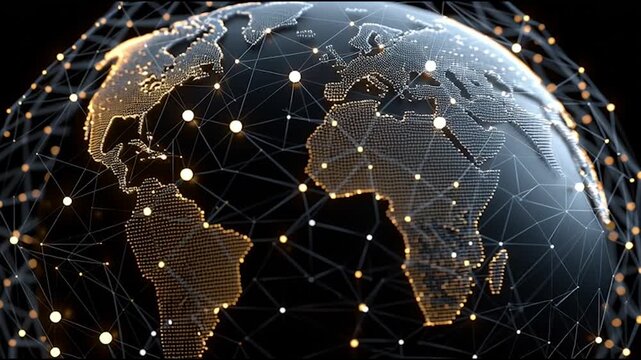 Abstract colorful business connection of lines from nodes It is connected to endless nodes and represents the innovation of communication cyber security in the network with black background