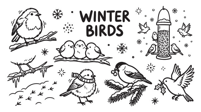 Winter birds collection with cute robin sparrow and bullfinch on snowy branches black and white line art vector.
