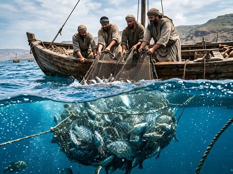 Biblical Fishermen Pulling Miraculous Catch of Fish from Sea in Ancient Boat