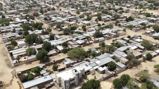 Drone view of N Djamena residential cityscape and rooftops, April 25, 2026, Chad, N Djamena