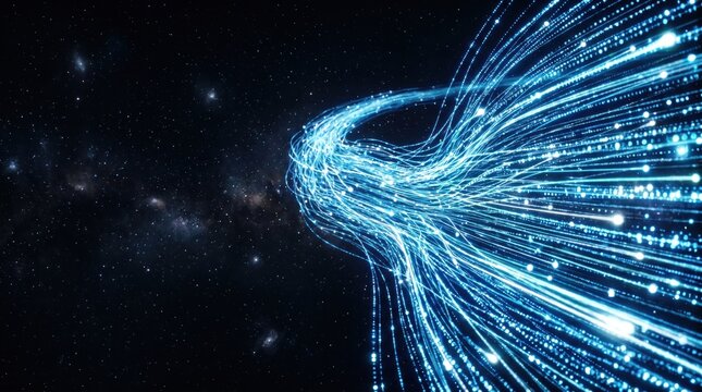 Glowing blue data stream flows through space with binary code and neon lights representing big data and technology
