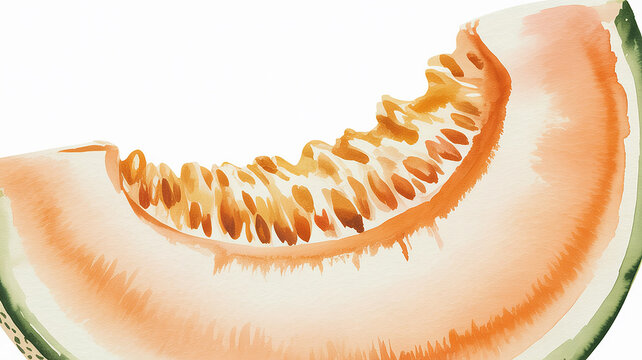 Vibrant watercolor illustration of a fresh cantaloupe melon slice with orange flesh, seeds, and a bite mark, isolated on white