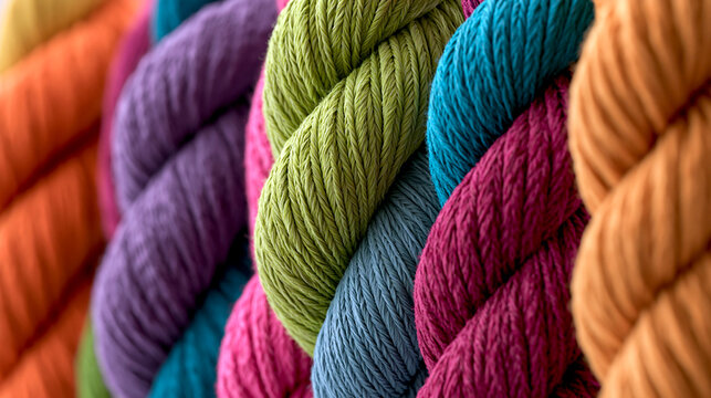 Colorful cotton yarn skeins in vibrant textile pattern closeup for knitting and crafts