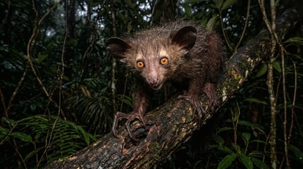 Fototapeta premium Rare nocturnal Aye-Aye Daubentonia madagascariensis on a tree.