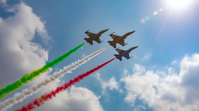 Military fighter jets performing air show maneuvers with colorful smoke trails sky