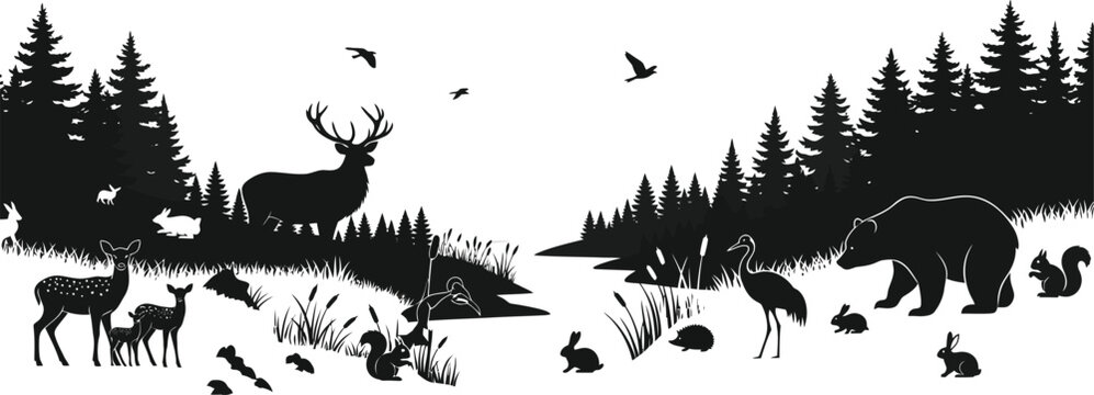 Forest wildlife scene with deer bear and birds in natural habitat with trees and snow