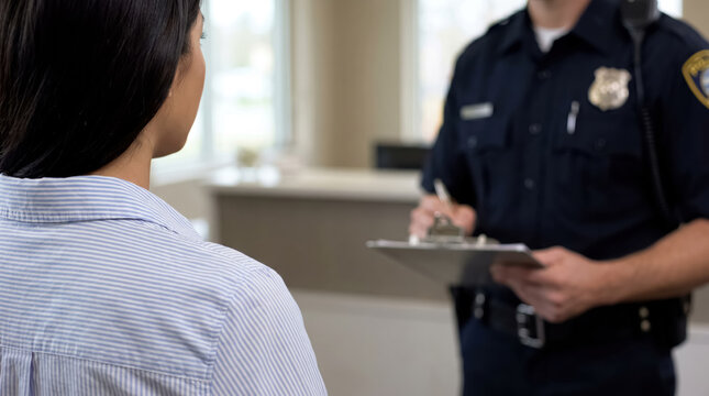 Police officer interviewing woman, domestic incident report and law enforcement response concept. 
