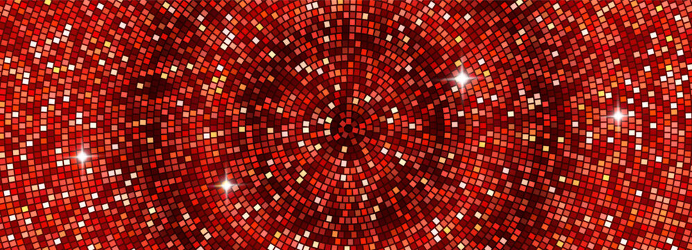 Red glitter disco vector background. Concentric rings of red mosaic square tiles with light flares, symbolizing party, dance floor, casino, luxury, and festive club event design.