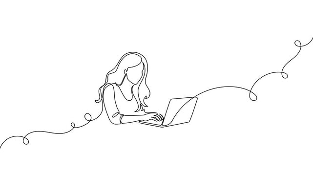 Continuous one line laptop woman computer drawing work desk art. Laptop woman computer outline sketch girl vector worker office customer screen doctor draw healthcare person typing pc businesswoman.