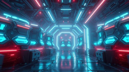 Fototapeta premium Futuristic corridor. Blue, red lights illuminate metallic walls. Sleek design suggests spaceship interior, technology focus. Dark ambiance creates dramatic effect.