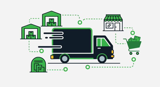 Digital delivery concept with a delivery truck and online shopping icons representing e-commerce logistics and fast
