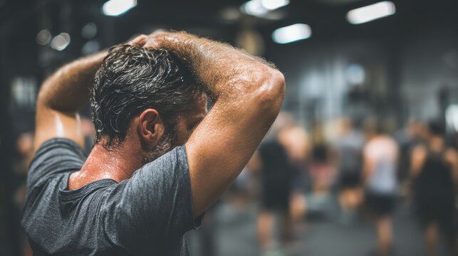 Exhausted man rests his hands on his head after a challenging workout in a gym.