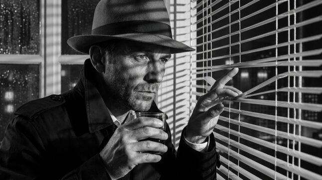 Private detective watching through window blinds with whiskey glass, noir investigator surveillance portrait. 