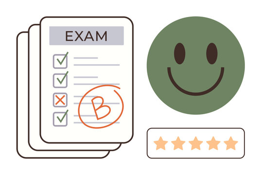 Education, assessment, performance review, grading, feedback, satisfaction. Graded exam with checkmarks, B grade happy face and five-star rating. Education and performance review concept