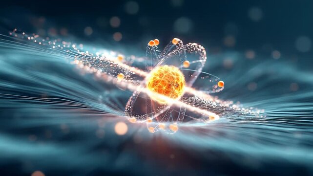 Glowing atomic nucleus with spinning electrons represented as dynamic energy orbits, set against dark blue science background, concept of physics and quantum mechanics