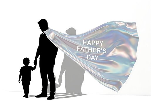 Happy father's day silhouette of dad and child with superhero cape