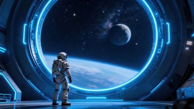 Astronaut in space station viewing planet