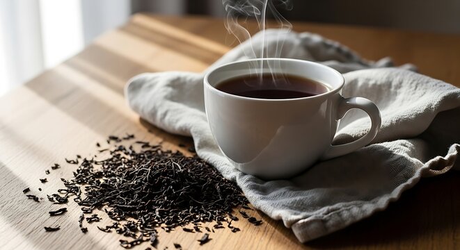 A steaming white cup of ctc tea served on a rustic wooden table with a pile of loose black tea leaves beside a soft linen cloth in a cozy morning setting