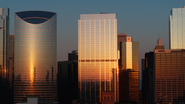 Aerial View of Chicago Loop Skyline at Golden Hour &mdash; Crain Communications Building and Michigan Avenue Skyscrapers Glowing at Sunset, Illinois&rdquo;