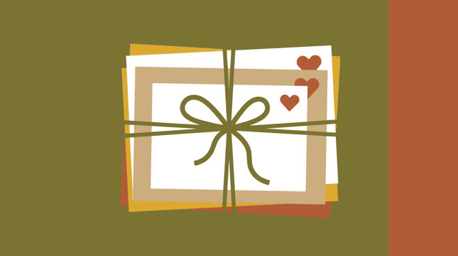 Stacked greeting cards tied with ribbon bow and hearts.