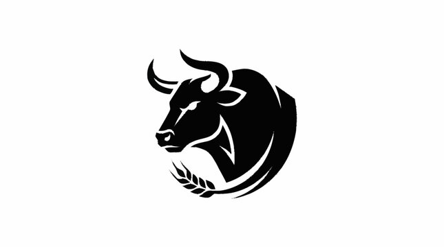 Black bull head with wheat logo design.