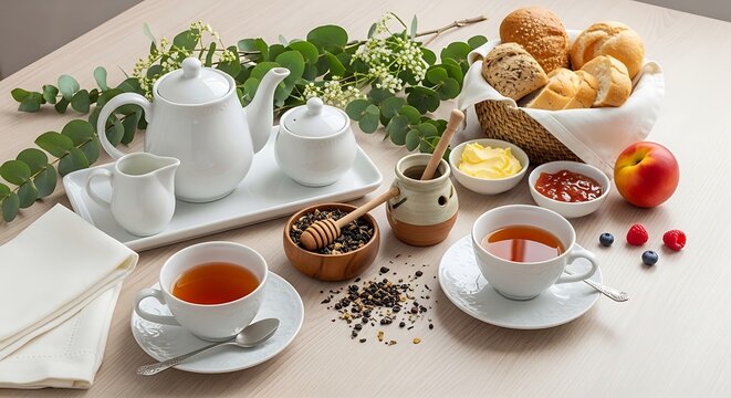 A morning breakfast table setting featuring a teapot with ctc tea, accompanied by freshly baked bread, butter, jam, fruit, and elegant white tableware