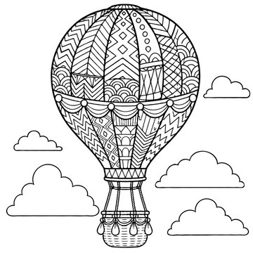 ntricate zentangle hot air balloon coloring page with geometric patterns flying in the sky among clouds for adults.
