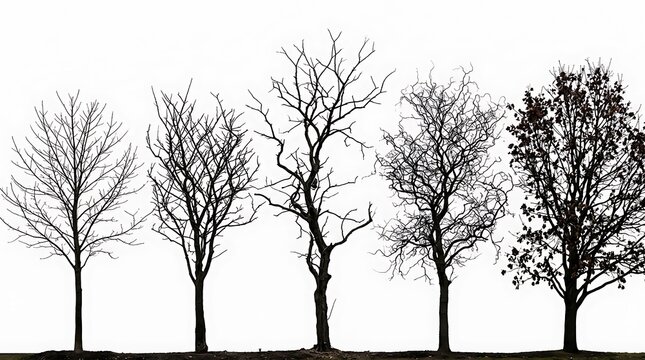 Row of five bare trees in winter against a white background with tree line forest floor branches silhouette leafless contrast isolated environment landscape winter scene