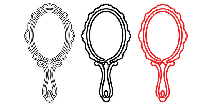Vintage hand mirror vector set, ornate antique vanity mirror outlines in black red and grey, classic beauty salon and makeup icons