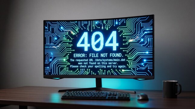 A computer monitor displays a 404 error message on a dark background with circuit board design