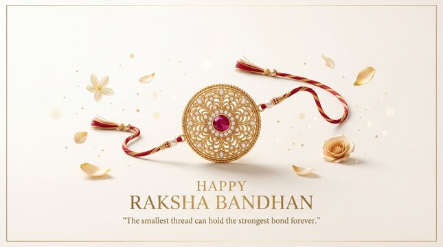 Ornate golden rakhi with red and white threads adorned with a ruby gemstone surrounded by delicate white flowers and rose petals on a cream background