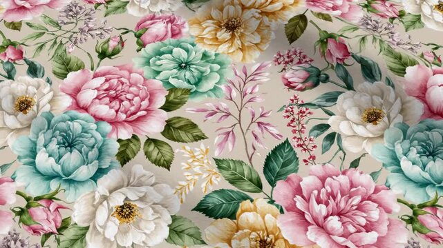 Seamless botanical floral pattern with pastel pink peonies, yellow roses, teal camellias, and white blossoms, featuring detailed green leaves on a neutral beige background.