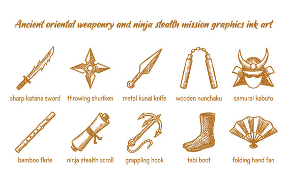 Japanese samurai warrior and ninja equipment hand drawn sketch set