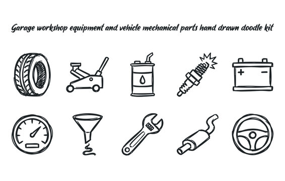 Automotive repair tools and car maintenance symbols hand drawn doodle kit