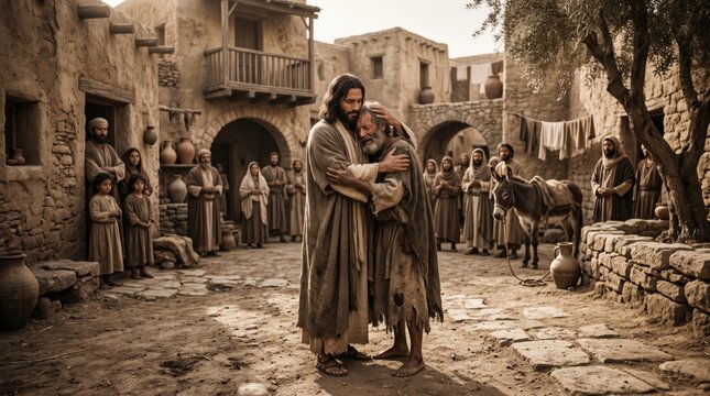 Jesus consoling man in ancient village. Biblical figure offering comfort and embrace to poor person. Religious scene of compassion, healing and hope. Historic Middle Eastern setting.