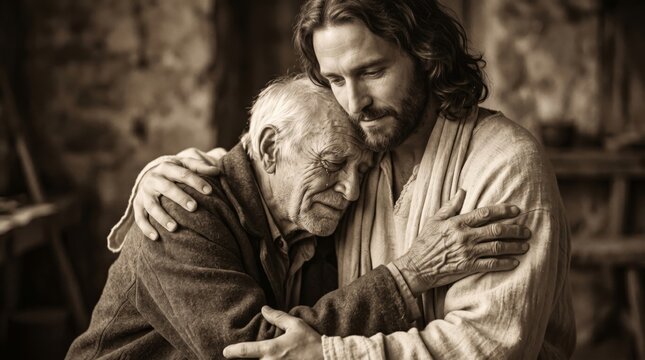 Jesus Christ holding an elderly man in a comforting embrace. Religious scene depicting compassion and love. Biblical concept of salvation and grace for Easter. Christian spiritual art.
