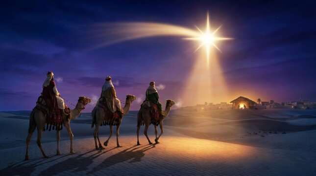 Three wise men riding camels across desert toward bright star of Bethlehem. Nativity scene with Jesus birth display. Biblical story of Magi following celestial light for Christmas holiday.
