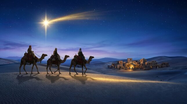 Three wise men riding camels across desert toward Bethlehem. Christmas nativity scene with bright star in night sky. Biblical journey of magi to visit baby Jesus, religious concept.