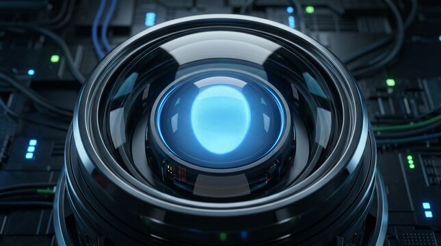Futuristic surveillance camera lens with digital data overlay in server room