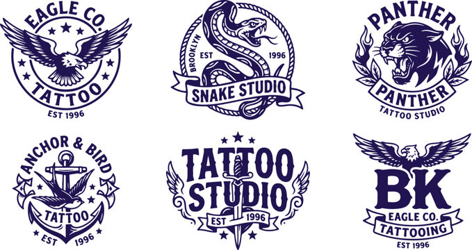 Set of vintage tattoo studio logos with animals and traditional symbols