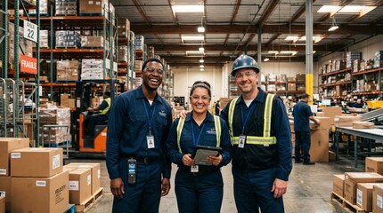 Fototapeta premium African American man, Hispanic woman and Caucasian man working as warehouse team in logistics center. Happy workers managing supply chain inventory distribution. Industrial workplace.