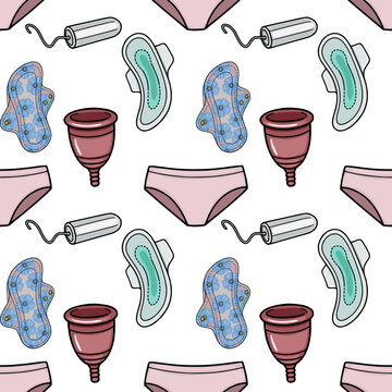 Seamless vector pattern of feminine hygiene products including menstrual cups, reusable pads with floral print, and tampons.