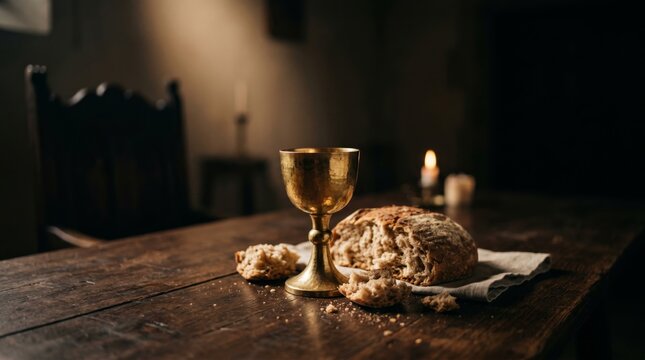 Chalice with bread on rustic wooden table for Eucharist. Catholic communion ritual with wine cup and wheat loaf. Last supper religious setting for Easter holiday worship and prayer.