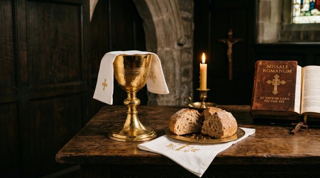 Catholic communion chalice with bread and missal on wooden altar. Holy eucharist sacrament elements in church. Christian liturgical ceremony, religious worship and prayer concept.