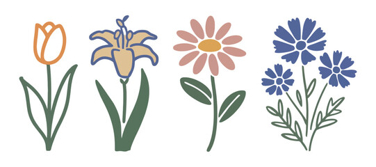 Fototapeta premium Floral arrangement of tulip lily daisy and cornflower illustrations on a white background