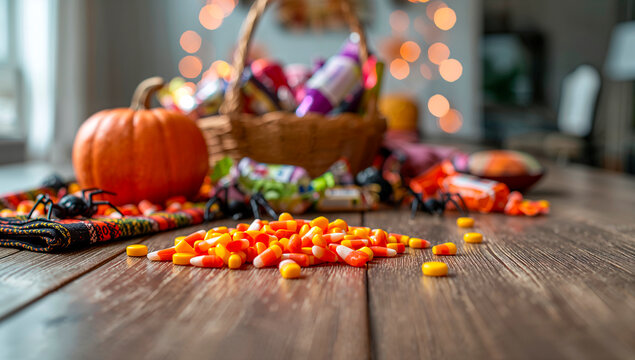 Spooky Halloween candy and pumpkin on a wooden table with blurred bokeh lights