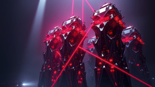 Futuristic towers emit bright red lasers. Dark background emphasizes glowing metallic structures. Dramatic lighting creates intense visual impact.