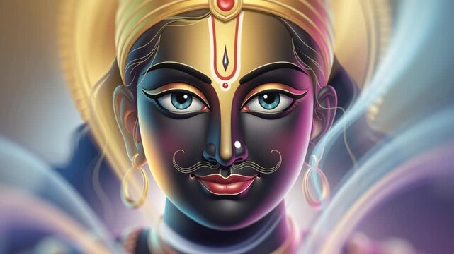 Close up of Lord Jagannath artistic portrait with golden crown and ethereal light for Hindu Ratha Yatra festival, rath yatra rathyatra festival
