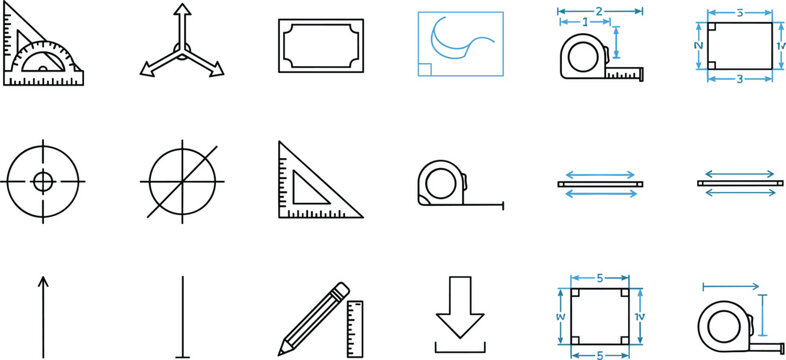  Measurement and Drawing Tools Icon Set Featuring Ruler, Tape Measure, Protractor, and Pencil for Design, Engineering, and Architecture Themes